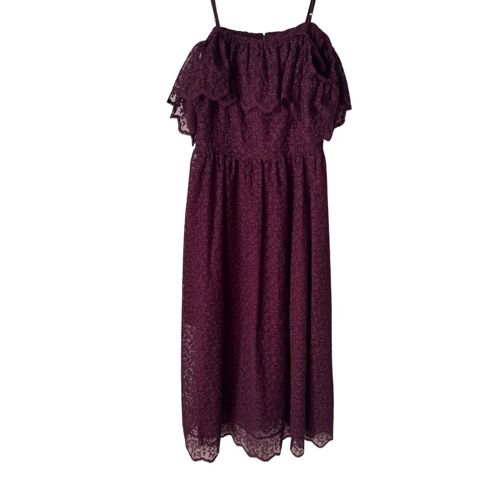 HM Plum Purple Lace Off Shoulder Midi Dress Ruffle Cold Shoulder Size 4